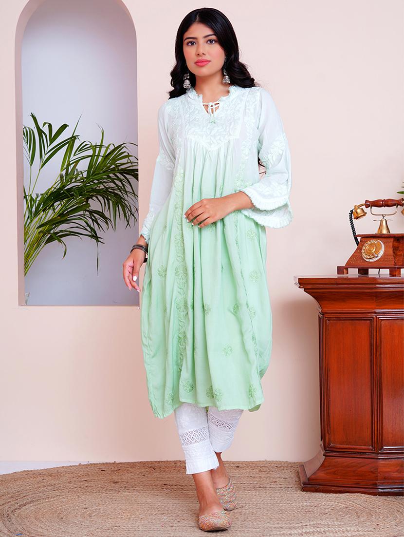 women green chikankari work flared kurta - 21631864 - Zoom Image - 0