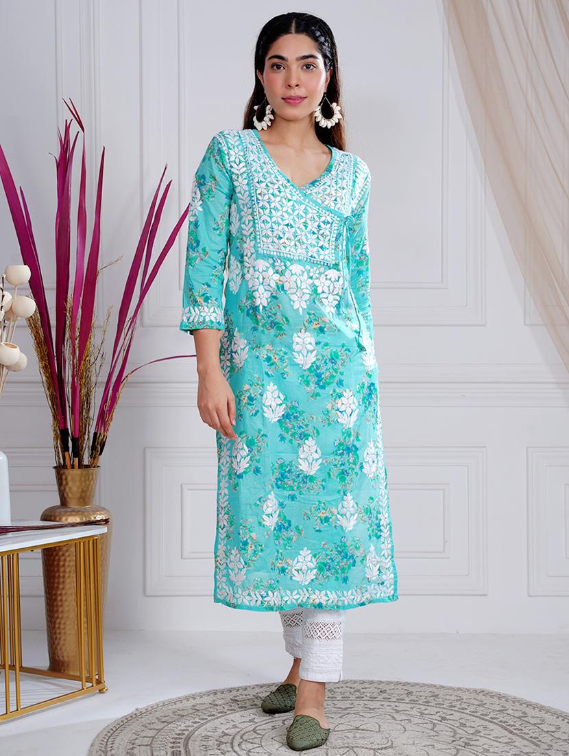 women turquoise chikankari work angrakha kurta - 21631865 - Zoom Image - 0