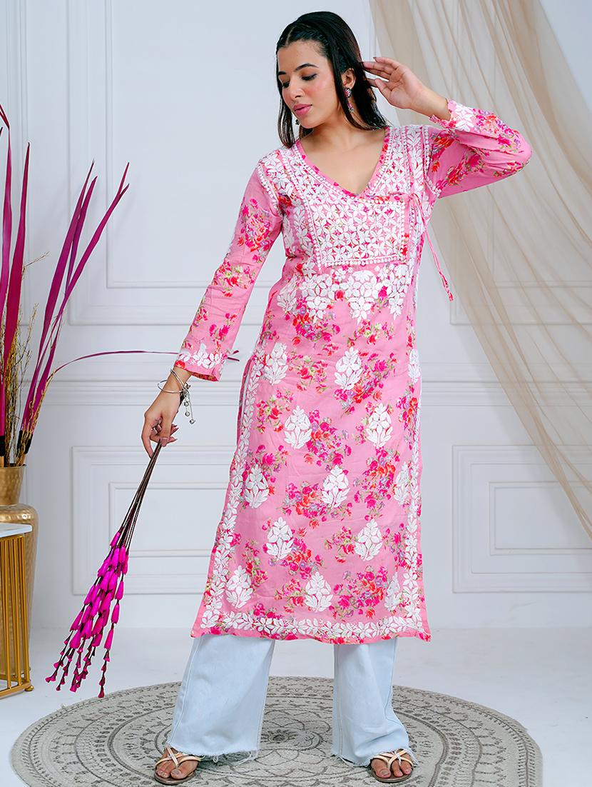 women pink chikankari work angrakha kurta - 21631866 - Zoom Image - 0