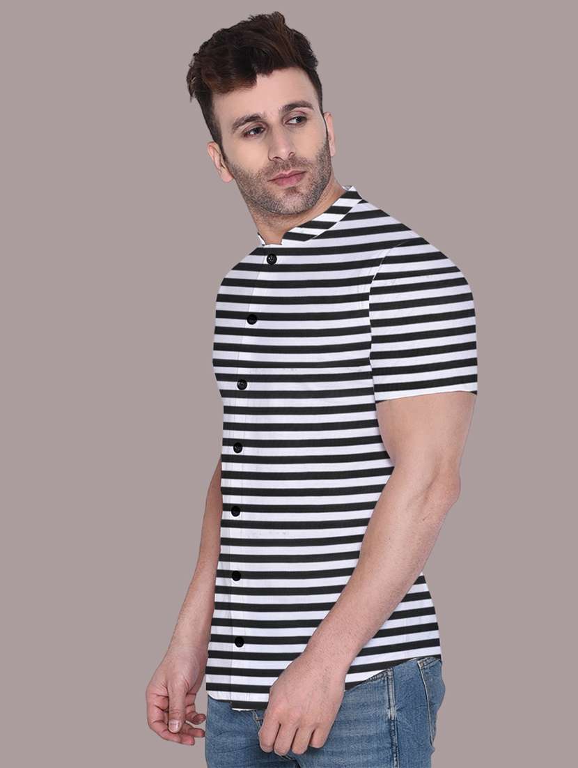 men slim fit mandarin neck striped short sleeve casual shirt - 21631894 -  Standard Image - 1