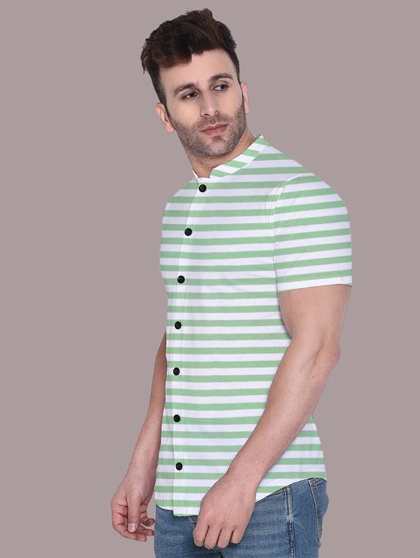 men slim fit mandarin neck striped short sleeve casual shirt - 21631896 -  Standard Image - 1