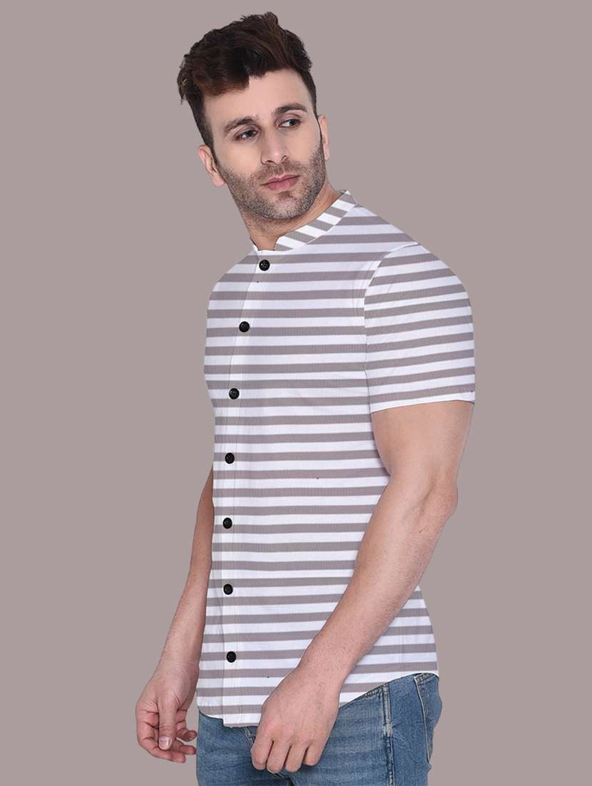 men slim fit mandarin neck striped short sleeve casual shirt - 21631897 -  Standard Image - 1