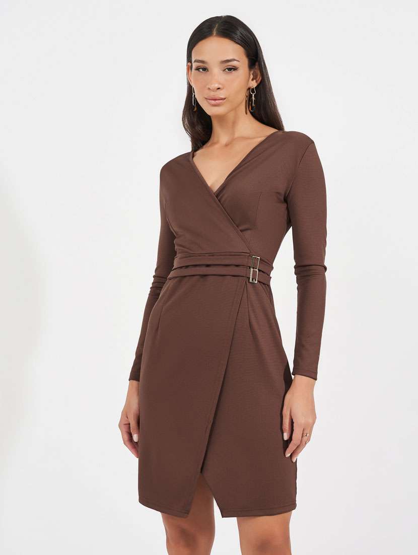 women overlap neck solid wrap dress - 21631998 -  Standard Image - 1
