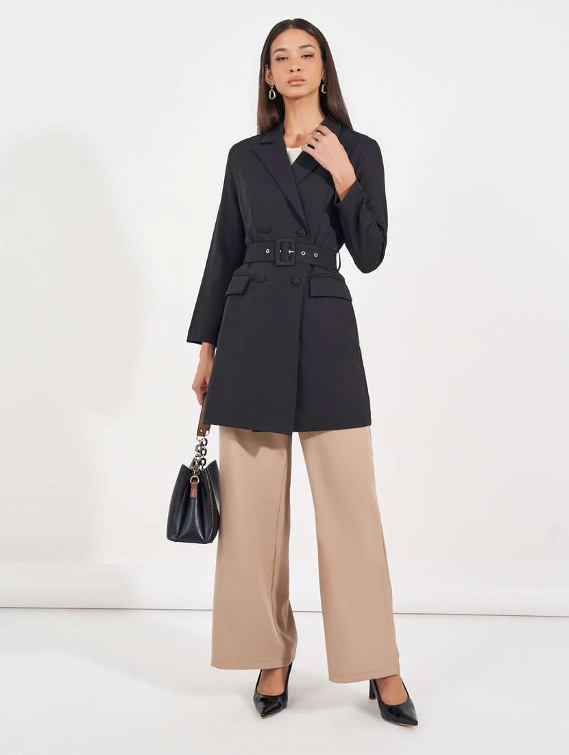 women black solid full sleeve trench coat - 21631999 -  Standard Image - 1