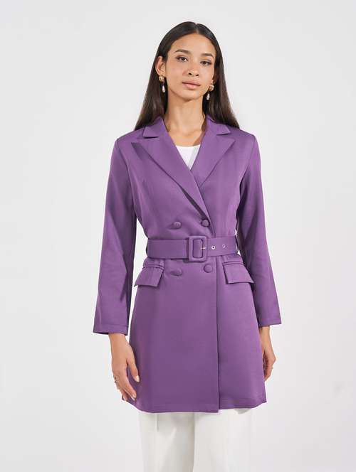 women purple solid lapel neck coat - 21632000 - Standard Image - 0