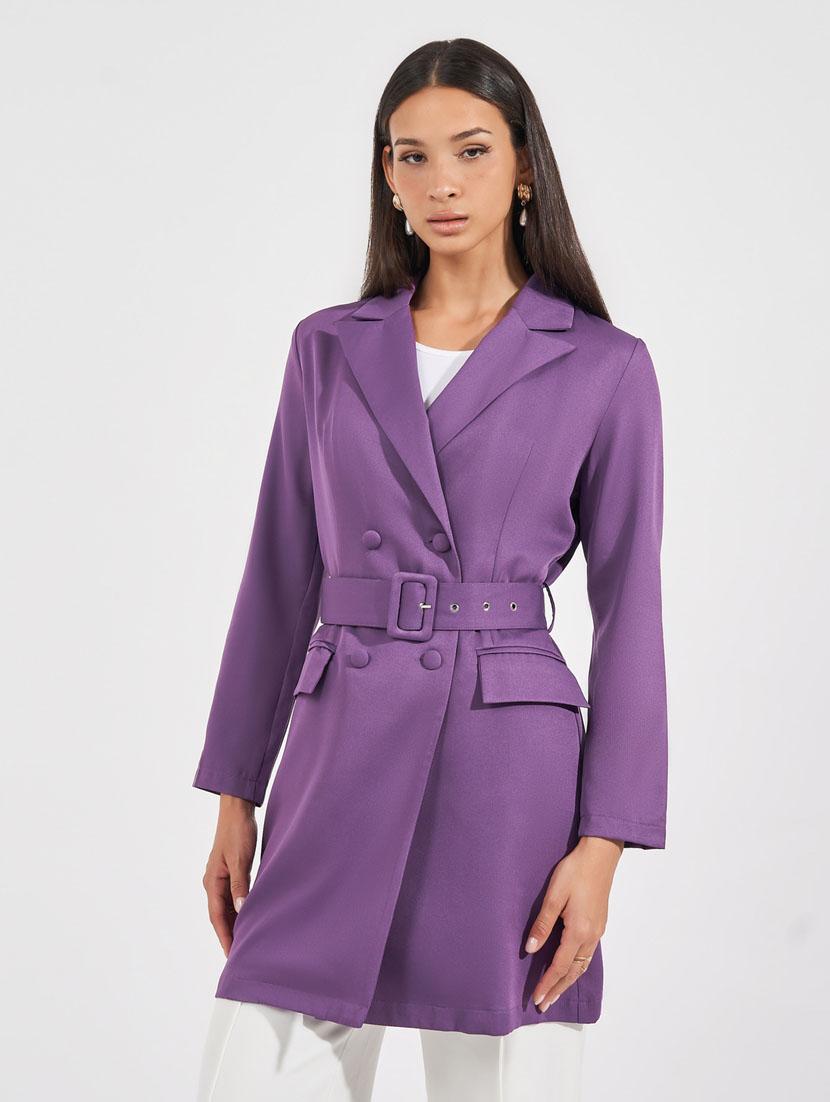 women purple solid lapel neck coat - 21632000 - Standard Image - 1