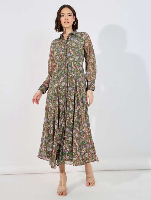 women green paisley long sleeve fit & flare dress - 21632009 -  Standard Image - 0