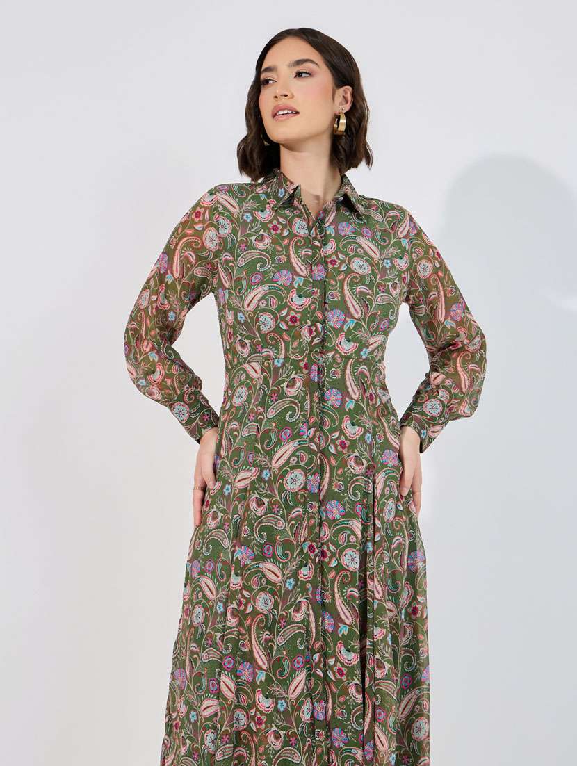 women green paisley long sleeve fit & flare dress - 21632009 -  Standard Image - 1