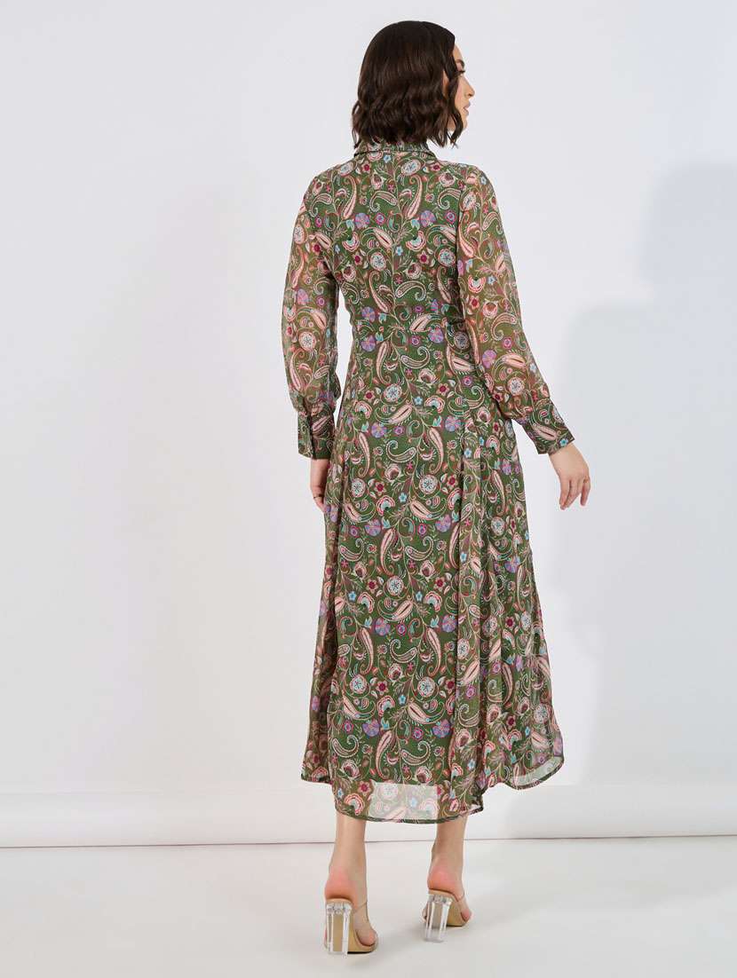 women green paisley long sleeve fit & flare dress - 21632009 - Standard Image - 4