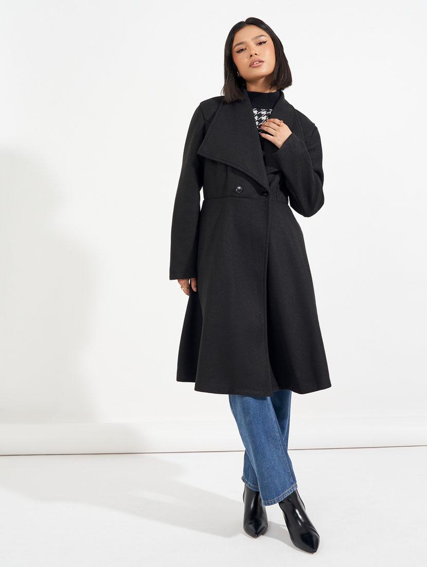 women black solid full sleeve overcoat - 21632023 - Standard Image - 1