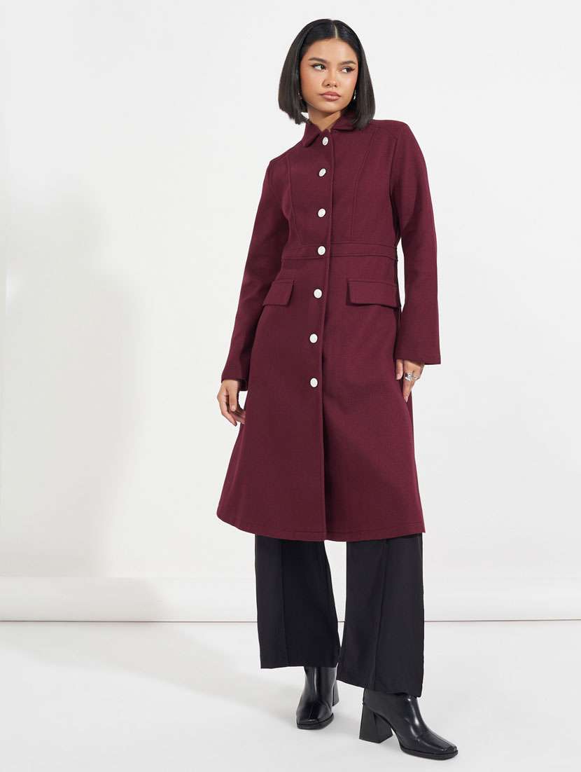 women maroon solid full sleeve overcoat - 21632024 -  Standard Image - 1