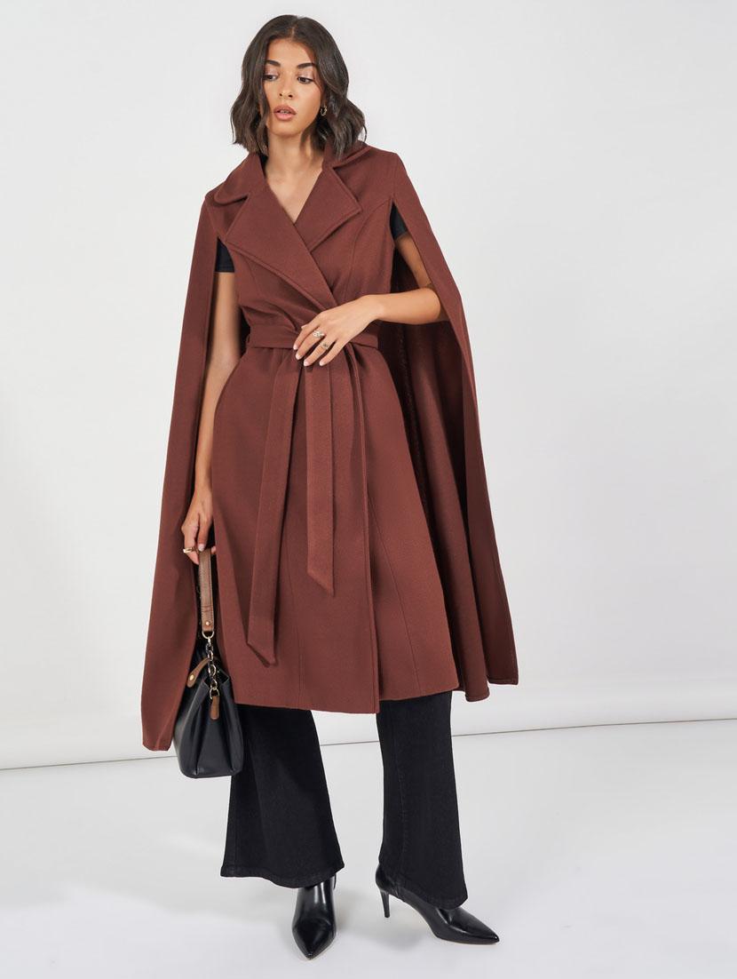 women brown solid long cape sleeve trenchcoat - 21632025 -  Standard Image - 1