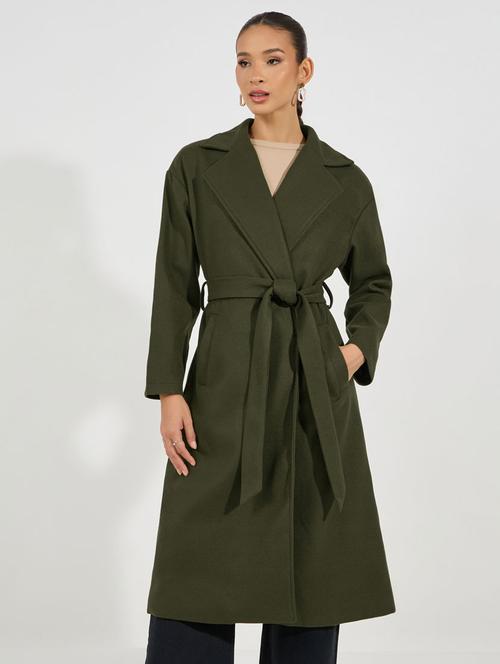 women olive solid full sleeve overcoat - 21632026 - Standard Image - 0