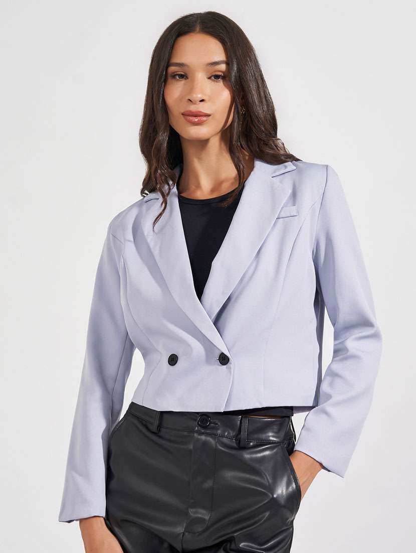 women solid crop casual blazer