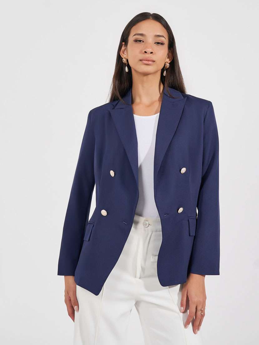 women navy blue solid long sleeve casual blazer