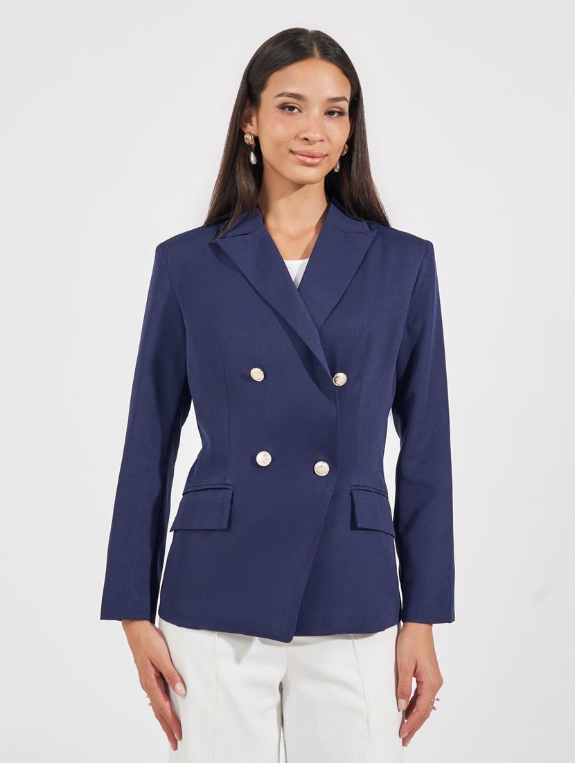women navy blue solid long sleeve casual blazer - 21632043 - Standard Image - 1