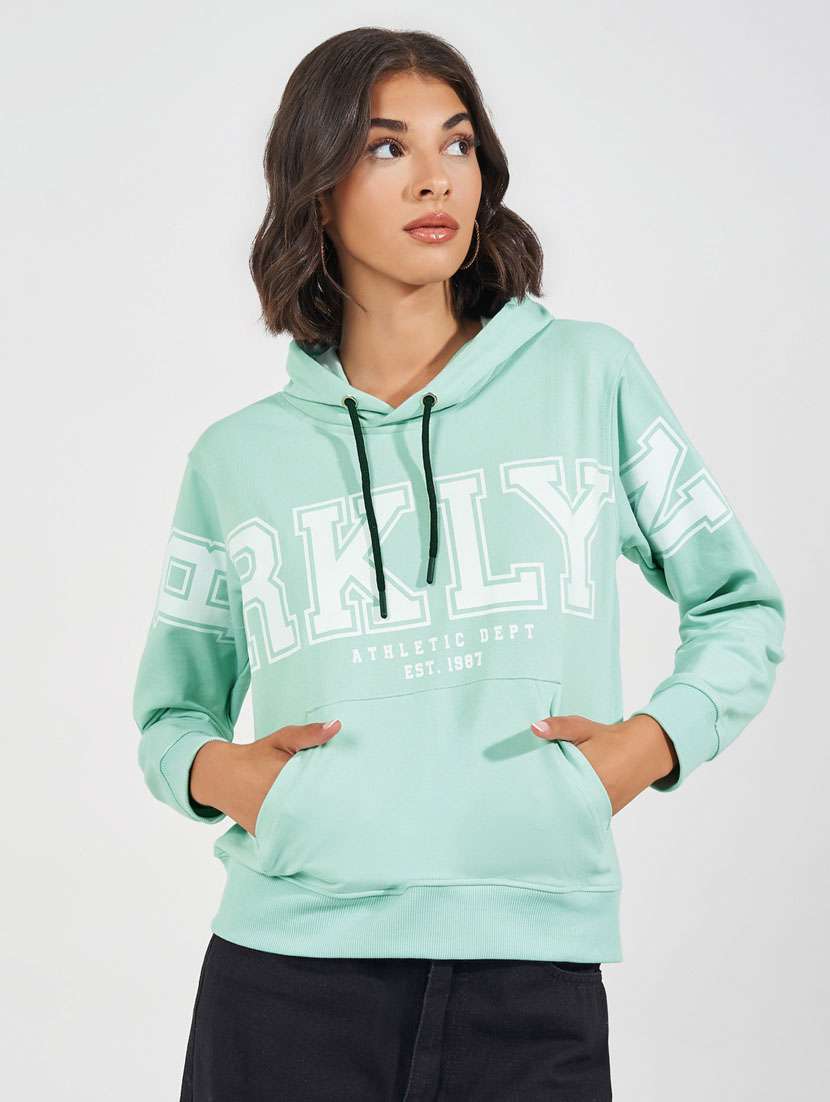 women sea green front  print long sleeve sweatshirt
