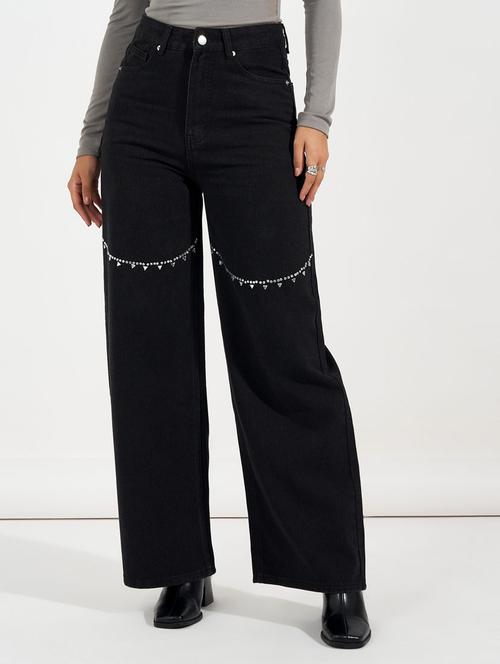 women black plain wide leg jeans - 21632061 - Standard Image - 0