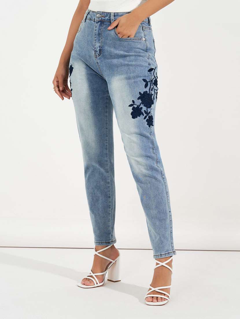 women embroidered high rise jeans - 21632065 -  Standard Image - 1