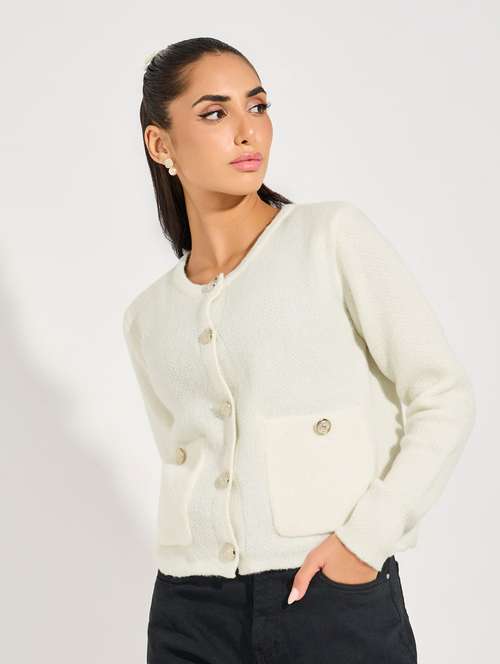 women off white self design long sleeve cardigan - 21632079 -  Standard Image - 0