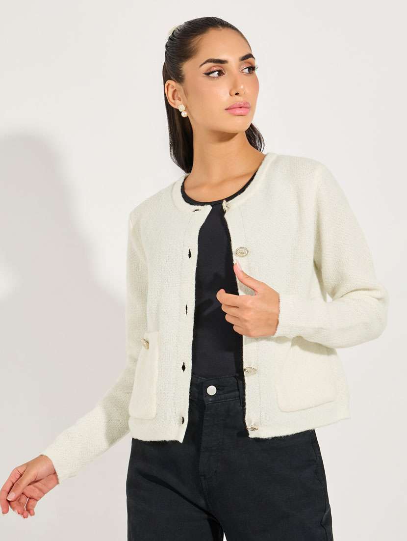 women off white self design long sleeve cardigan - 21632079 -  Standard Image - 1