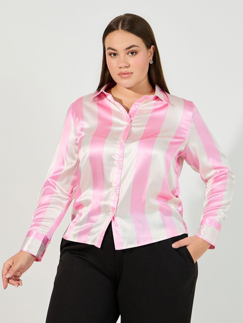 women pink stripes long sleeve regular shirt - 21632081 - Standard Image - 1