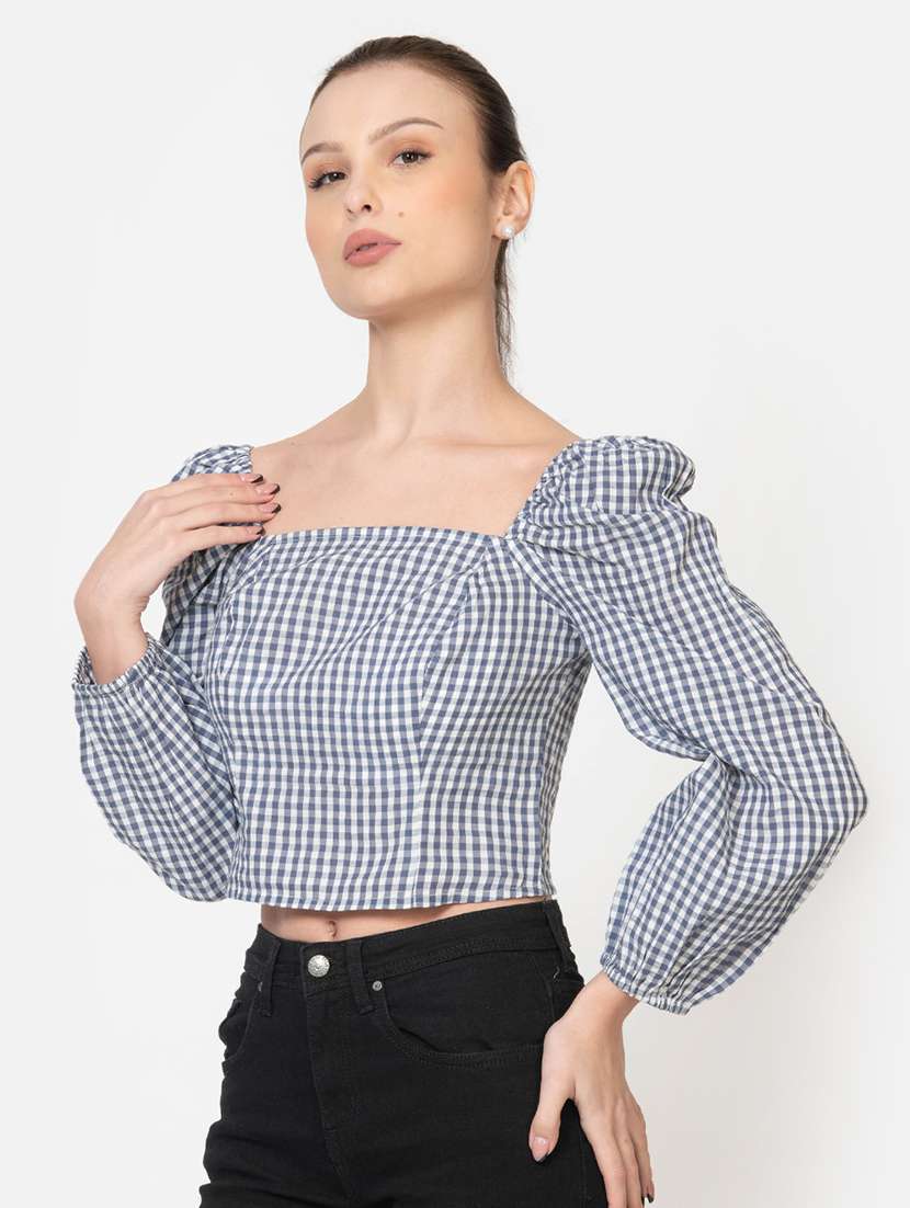 women checks square neck crop top - 21632099 -  Standard Image - 1