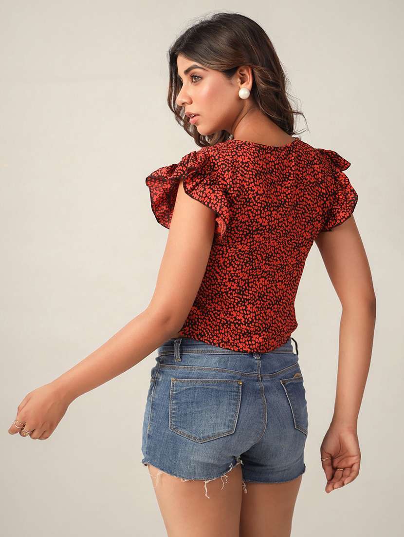 women v-neck printed ruched top - 21632104 -  Standard Image - 1