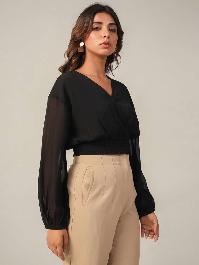 women black solid v neck crop top - 21632107 -  Standard Image - 1