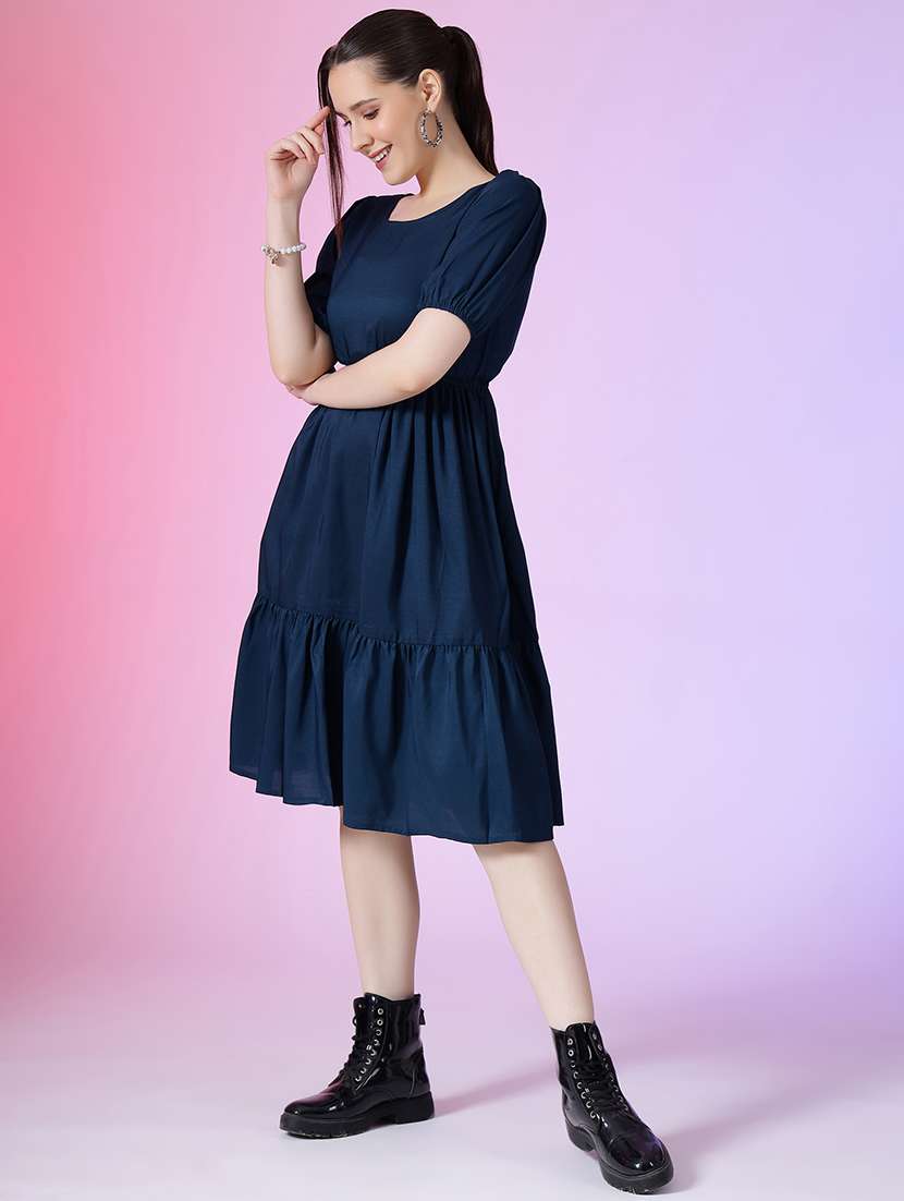 women solid puff sleeve tiered dress - 21632146 - Standard Image - 1