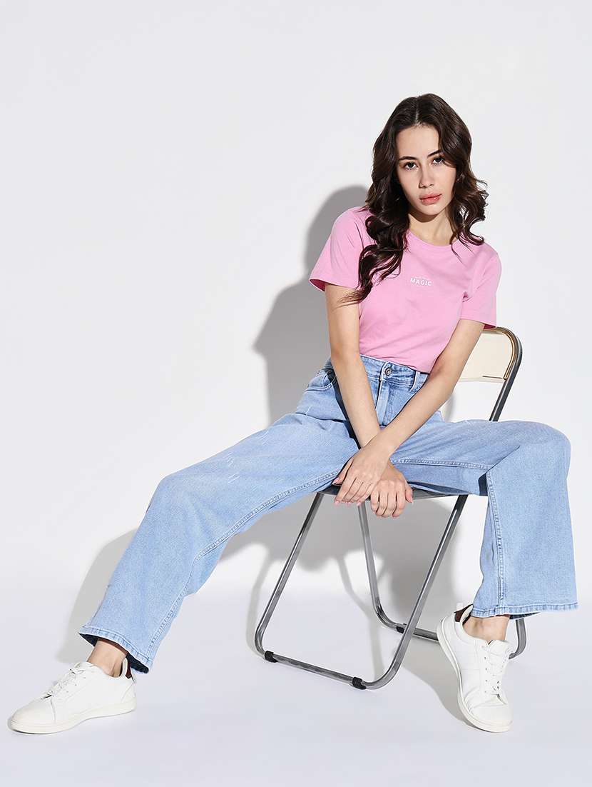 Women Plain Wide Leg Denim Jeans