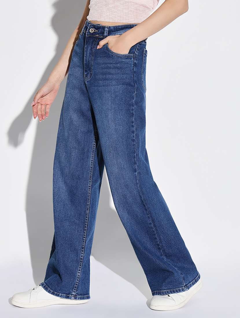 women solid high rise baggy leg jean - 21632681 -  Standard Image - 1