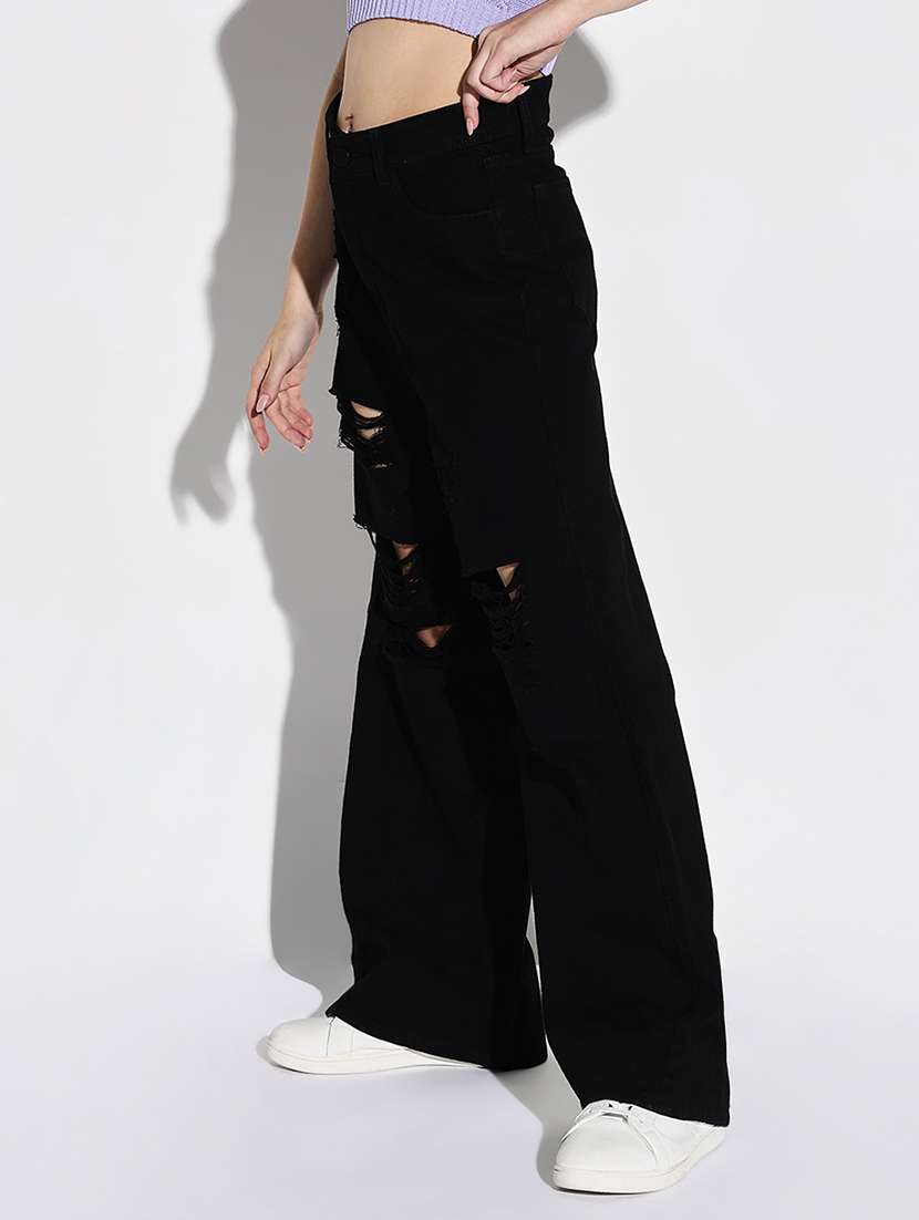 women solid high rise baggy leg jean - 21632682 -  Standard Image - 1