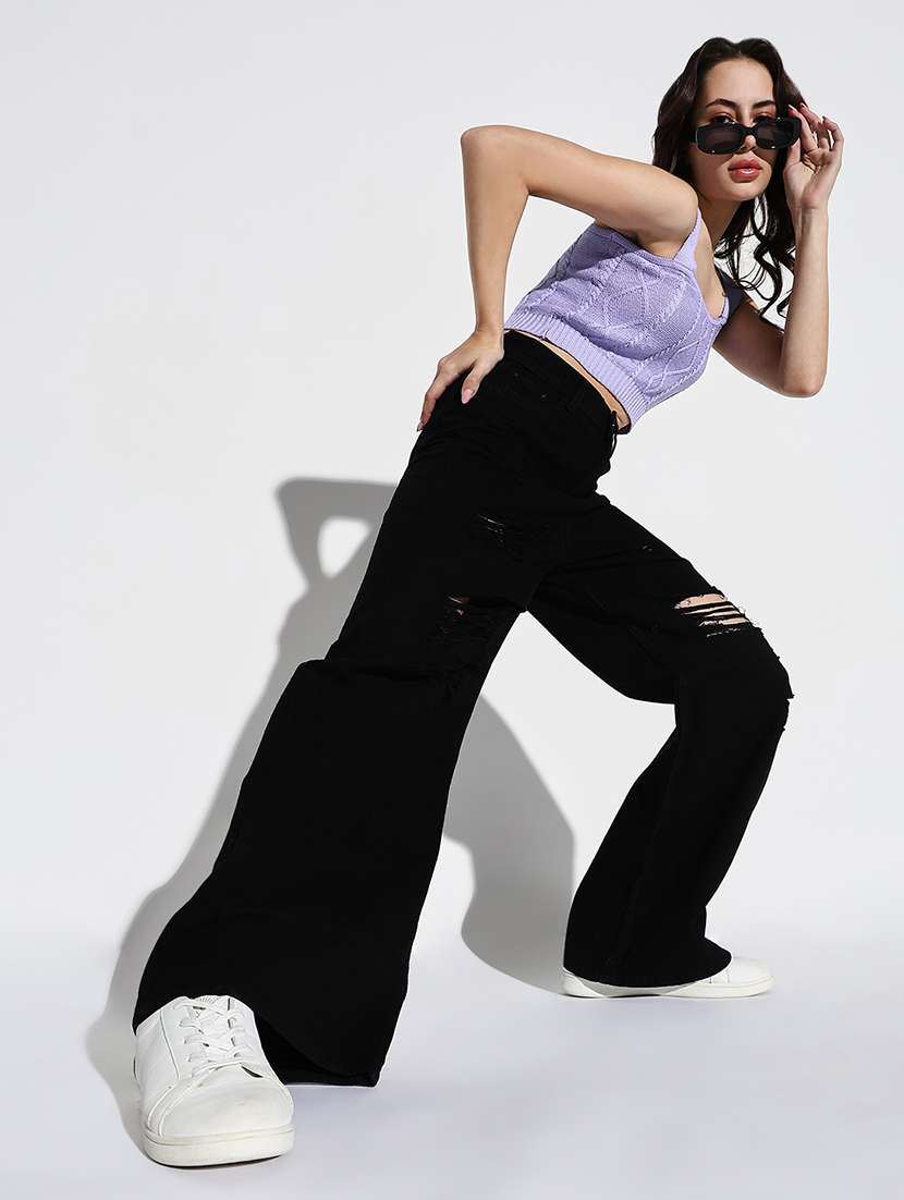 women solid high rise baggy leg jean - 21632682 -  Standard Image - 4