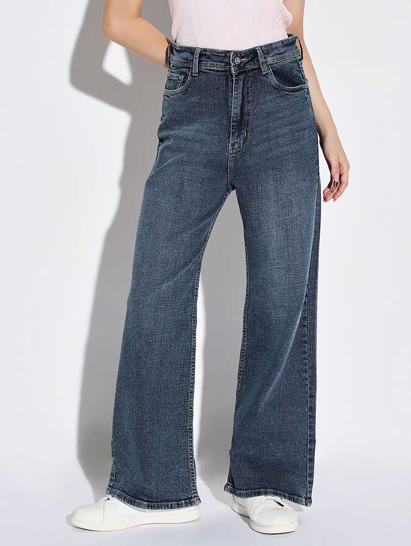 women solid high rise wide leg jean