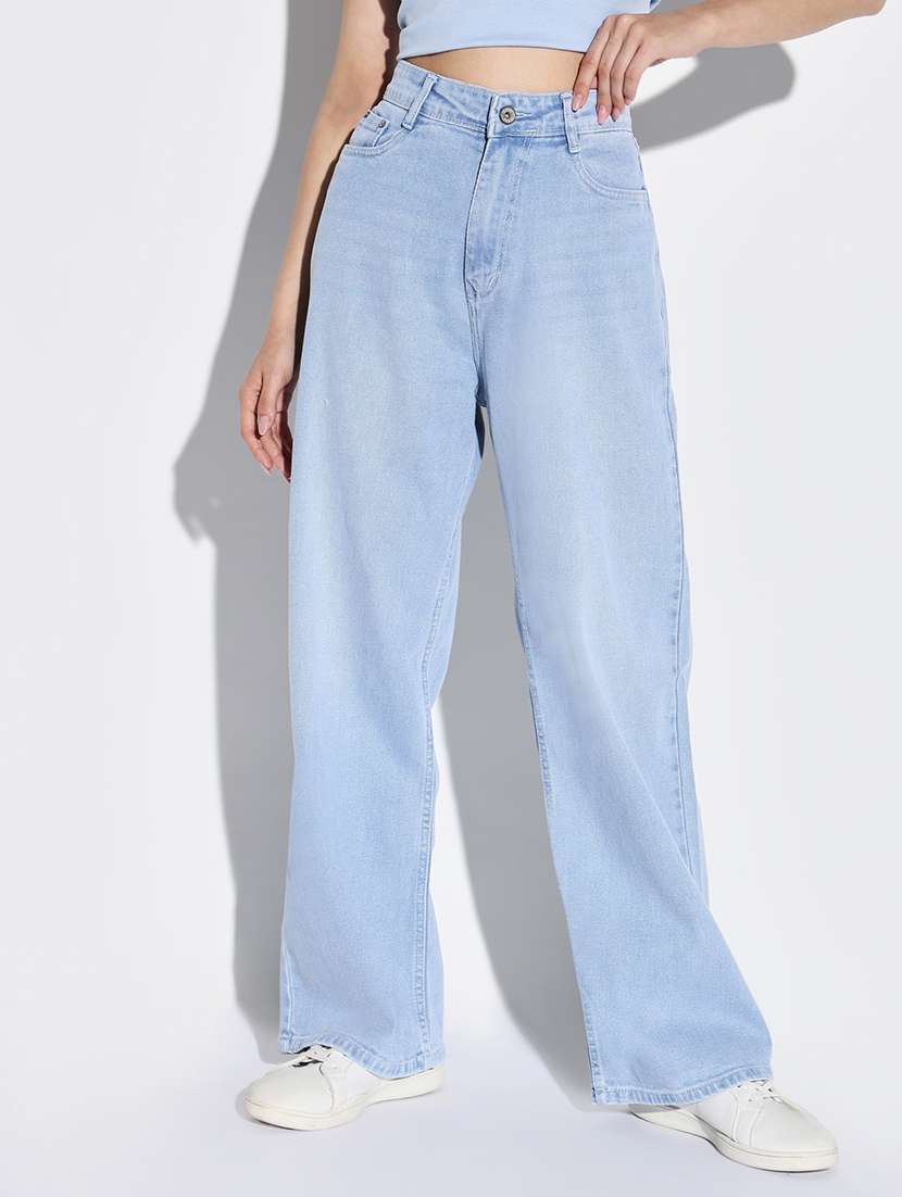 women solid high rise wide leg jean