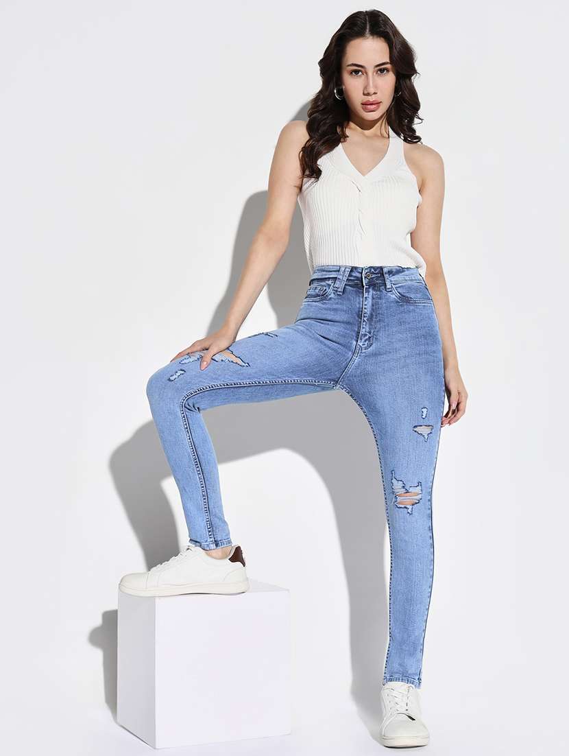 women distress mid rise denim jeans - 21632689 -  Standard Image - 4