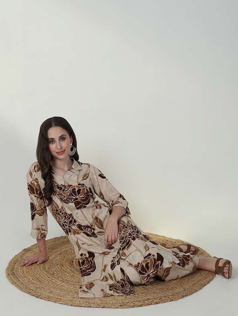 women beige floral kurta palazzo set  - 21632696 -  Standard Image - 1