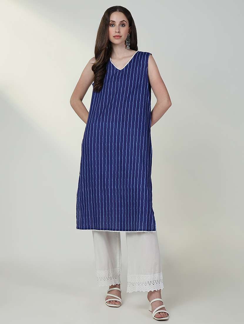 women navy blue stripes kurta pant set
