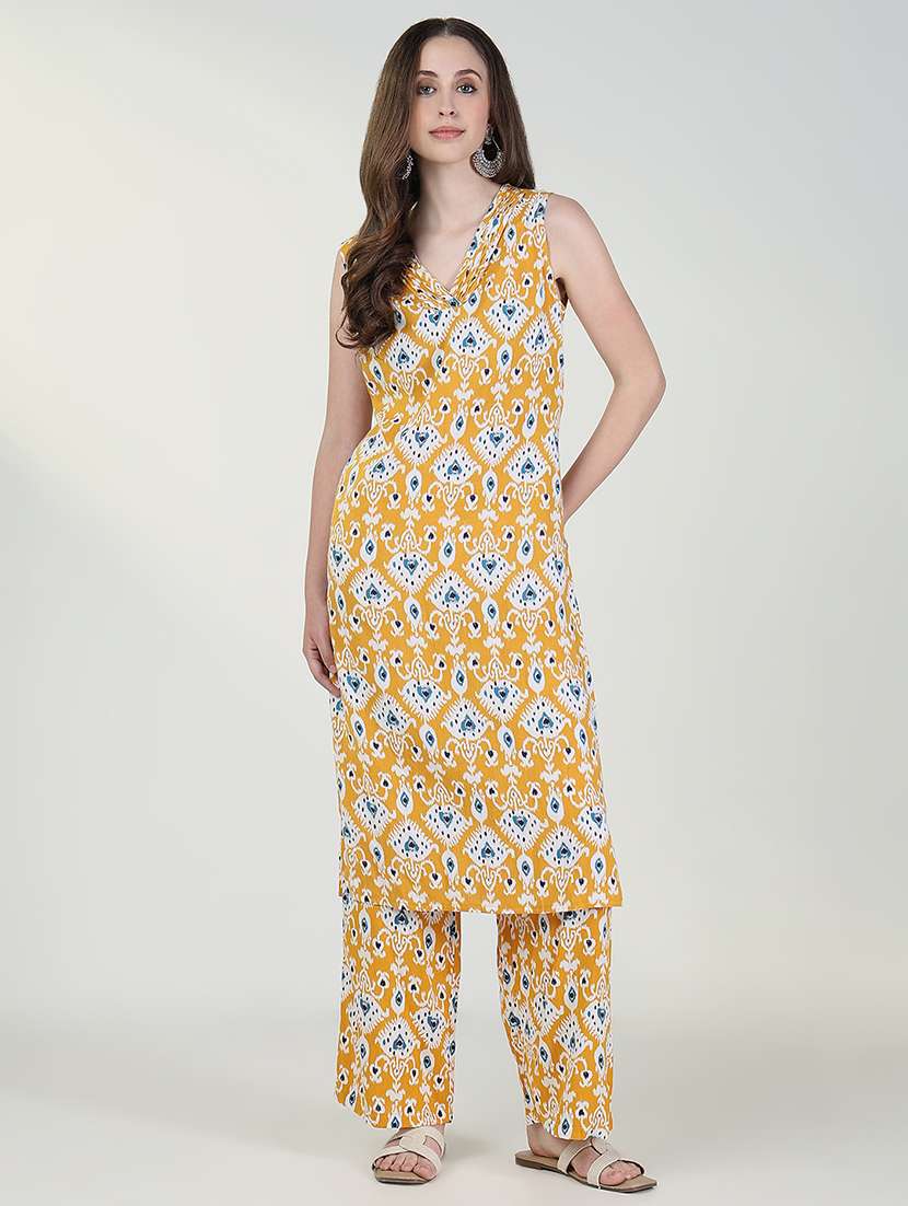 women mustard ikat printed kurta pant set - 21632709 - Standard Image - 1