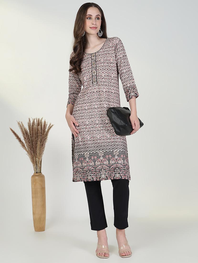 women printed three quarter sleeve straight kurta - 21632721 - Standard Image - 1