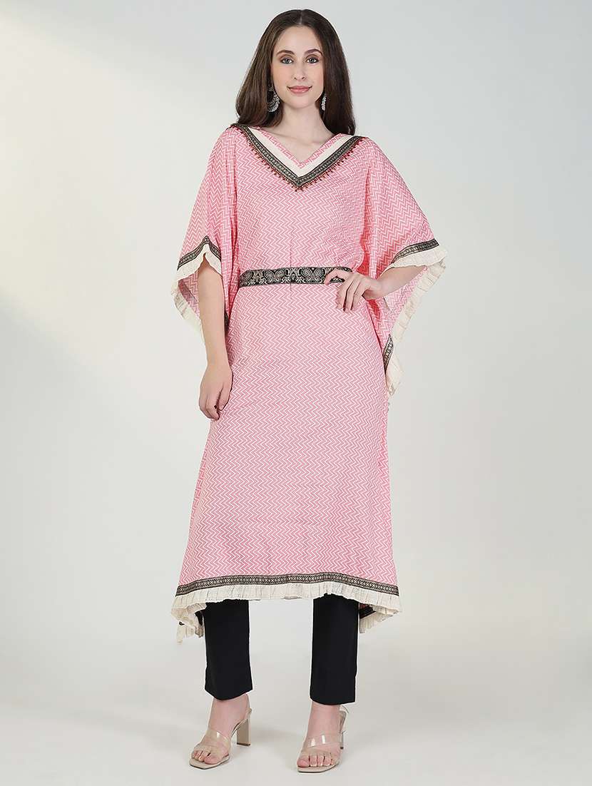 women pink printed embroidered kaftan kurta