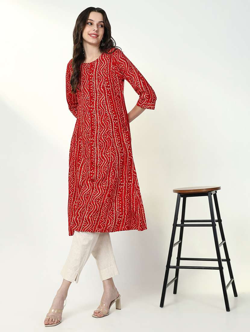 women red bandhani printed a-line kurta