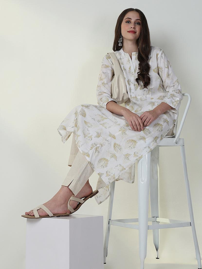 women white printed three quarter sleeve a-line kurta - 21632732 - Standard Image - 1