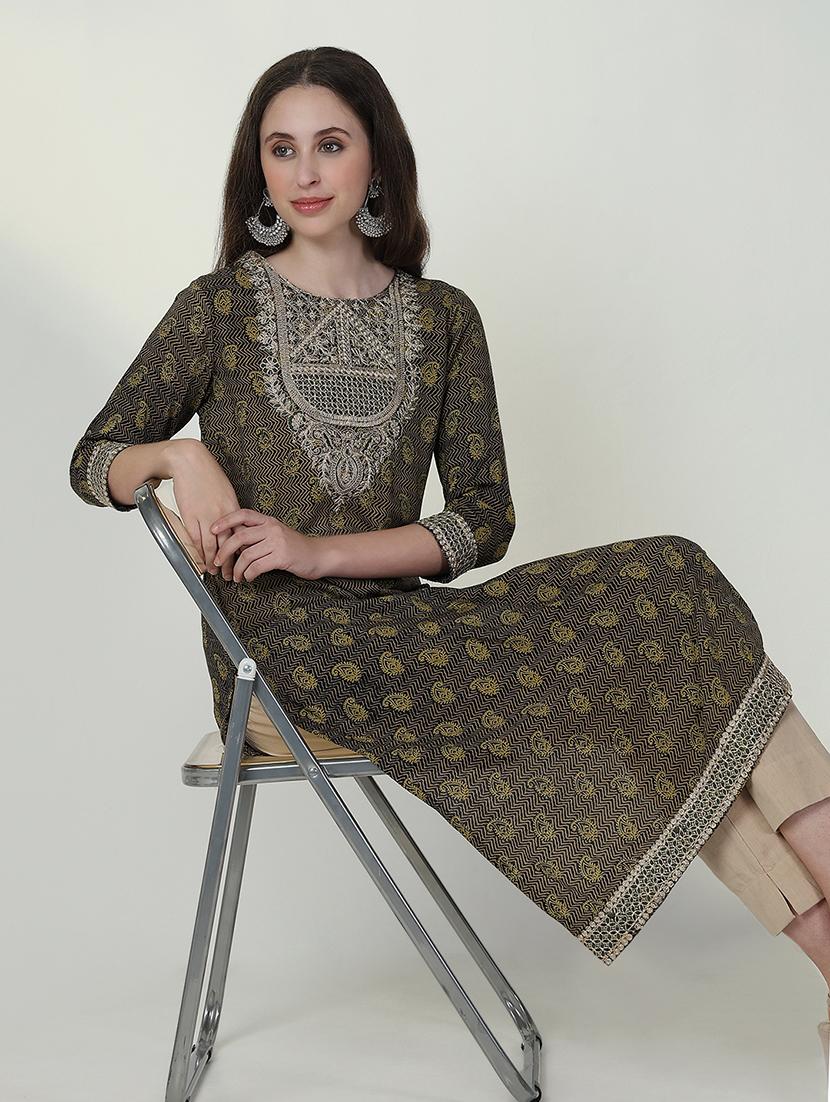 women three quarter sleeve straight kurta - 21632733 -  Standard Image - 1