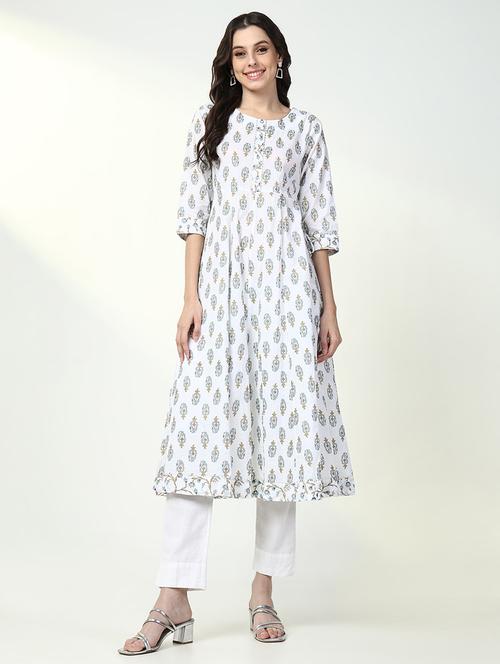 women white printed three quarter sleeve anarkali kurta - 21632737 - Standard Image - 0