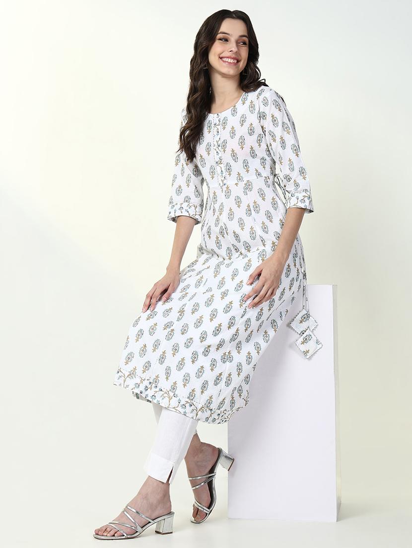 women white printed three quarter sleeve anarkali kurta - 21632737 -  Standard Image - 1