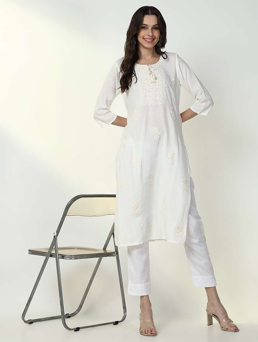 women three quarter sleeve straight chikankari kurta - 21632738 -  Standard Image - 1