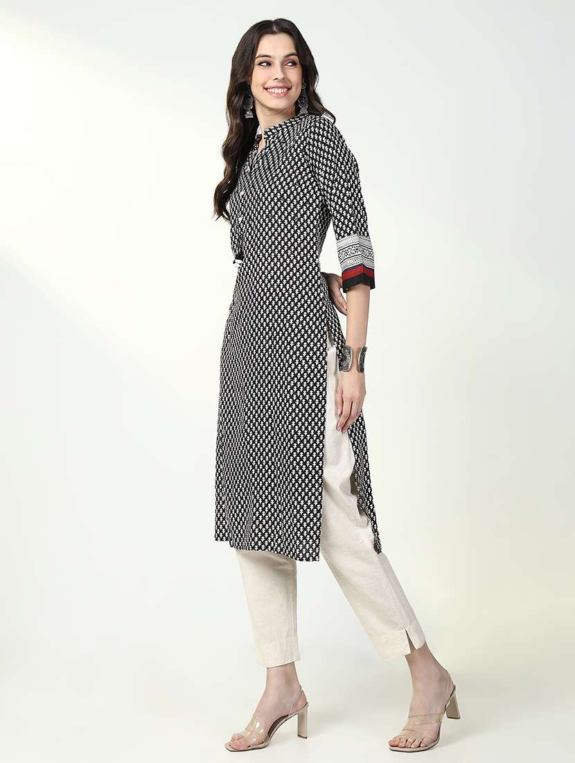 women black printed three quarter sleeve straight kurta - 21632740 -  Standard Image - 4
