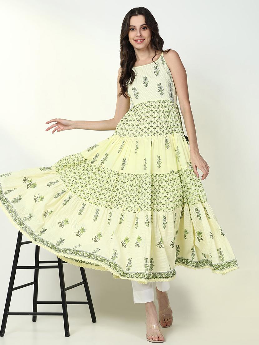 women yellow printed shoulder strap anarkali kurta - 21632741 - Standard Image - 1